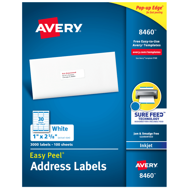 slide 1 of 9, Avery Easy Peel White Inkjet Address Labels, 8460, 3000 ct; 1 in x 2 5/8 in