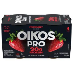 Oikos Pro 20g Protein, Strawberry Yogurt-Cultured Ultra-Filtered Milk Product, 0g Added Sugar, Just Delicious High Protein Snacks for Home, School, Office, Gym, 5.3 oz Cup​s, 4 Count