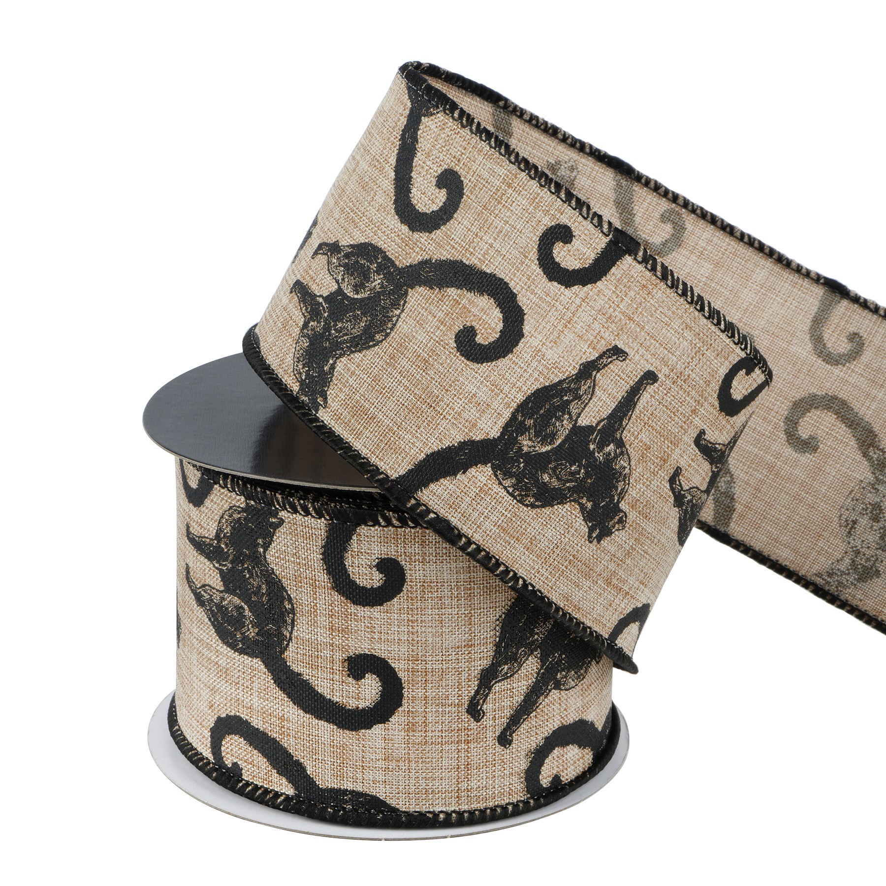 slide 3 of 3, 2.5" X 20ft. Black Cats Wired Faux Burlap Ribbon By Celebrate It Halloween, 2.5 in x 6.6 yd