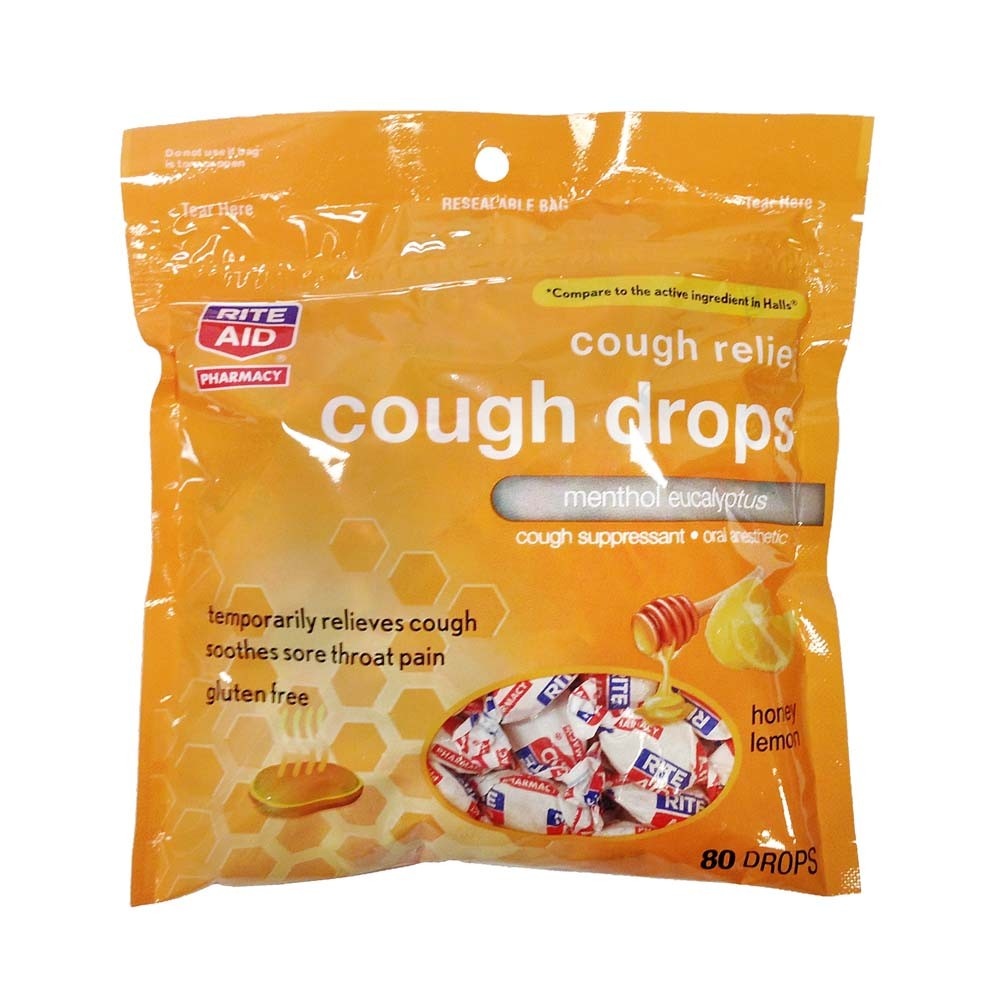 slide 1 of 1, Rite Aid Cough Drops, Cough Relief, Honey Lemon, Value Pack, 80 ct