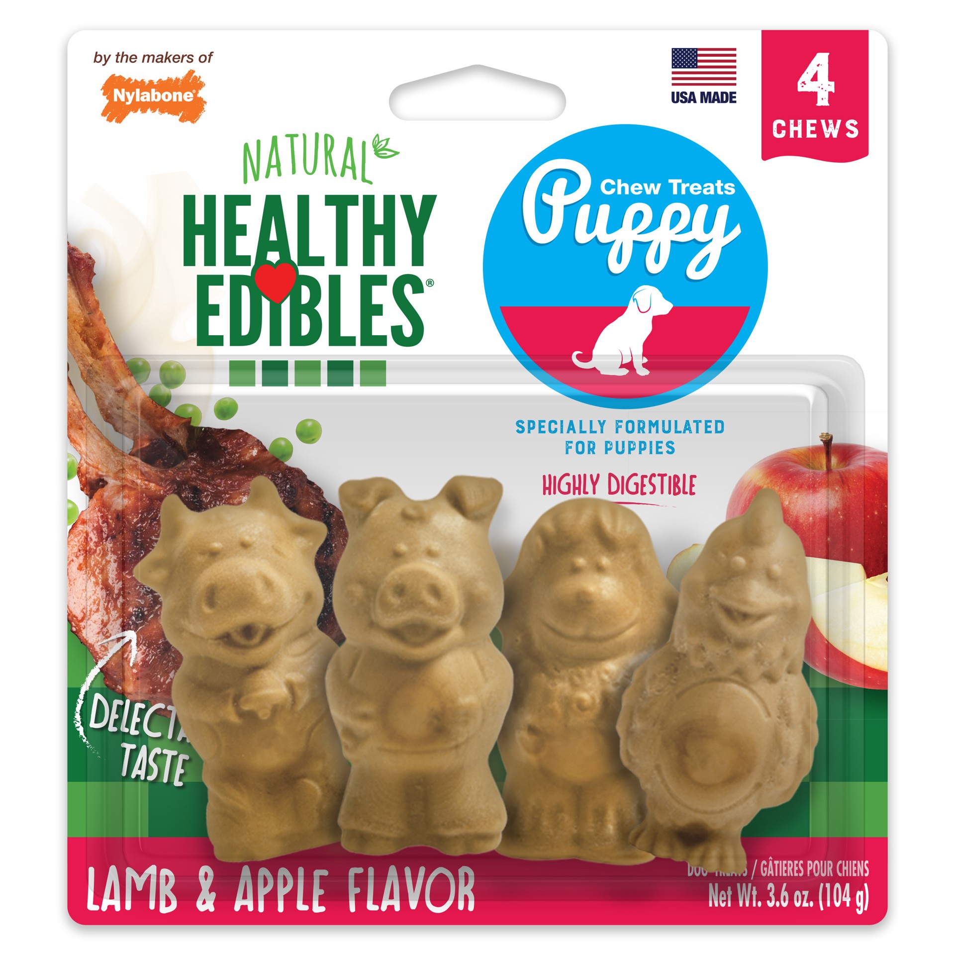 slide 1 of 10, Nylabone Healthy Edibles Puppy Animal-Shaped Lamb & Apple Dog Chew Treats Small/Regular - Up to 25 Ibs.(4 Count), 3.6 oz