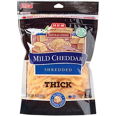 slide 1 of 1, H-E-B Select Ingredients Mild Cheddar Thick Cut Shreds, 8 oz