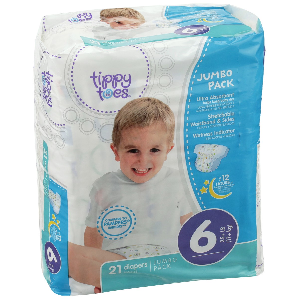 slide 2 of 8, Tippy Toes Jumbo Pack Diapers, 6 35+ Lb, 21 ct