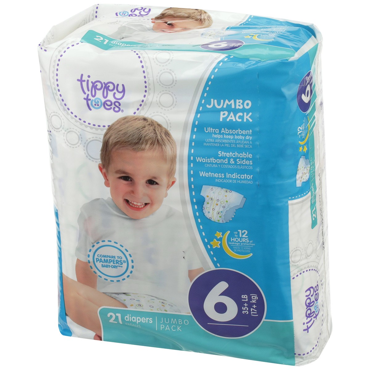 slide 3 of 8, Tippy Toes Jumbo Pack Diapers, 6 35+ Lb, 21 ct