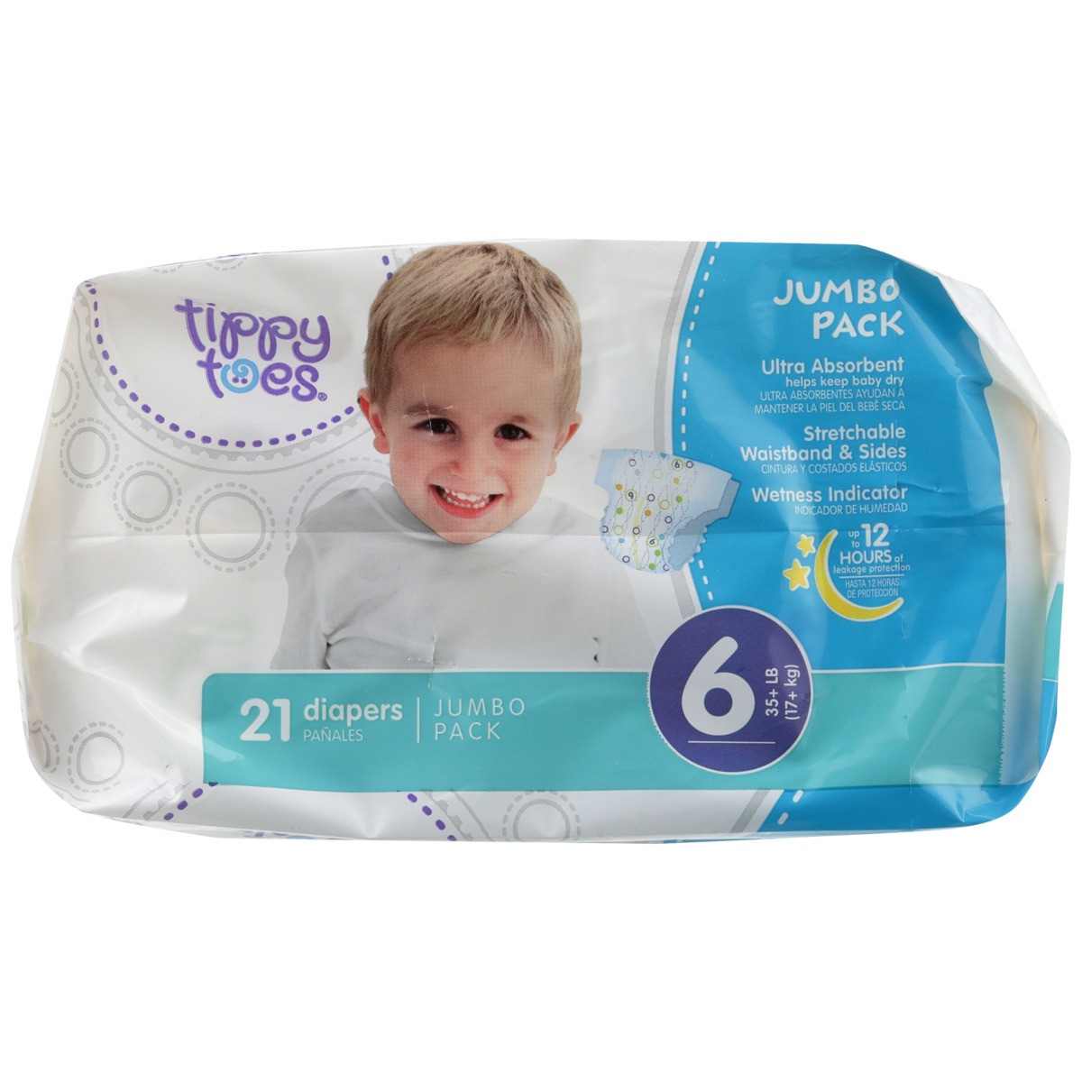 slide 4 of 8, Tippy Toes Jumbo Pack Diapers, 6 35+ Lb, 21 ct