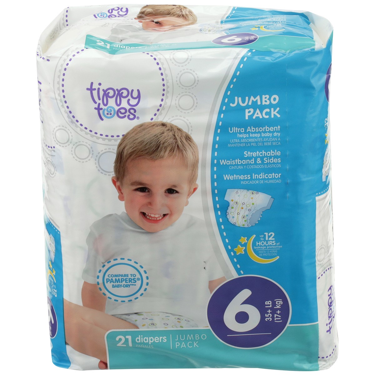 slide 1 of 8, Tippy Toes Jumbo Pack Diapers, 6 35+ Lb, 21 ct