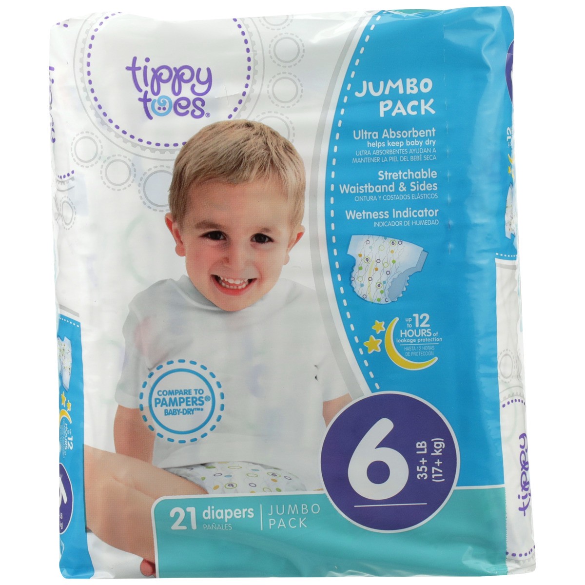 slide 7 of 8, Tippy Toes Jumbo Pack Diapers, 6 35+ Lb, 21 ct