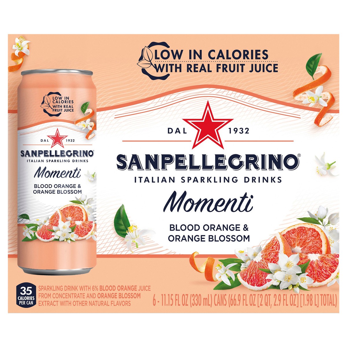 slide 1 of 8, San Pellegrino SAN PELLEGRINO Momenti Italian Blood Orange & Orange Blossom Sparkling Drinks 6 - 11.15 fl oz Cans, 6 ct