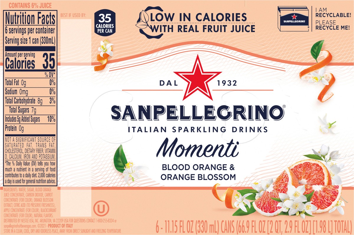 slide 8 of 8, San Pellegrino SAN PELLEGRINO Momenti Italian Blood Orange & Orange Blossom Sparkling Drinks 6 - 11.15 fl oz Cans, 6 ct