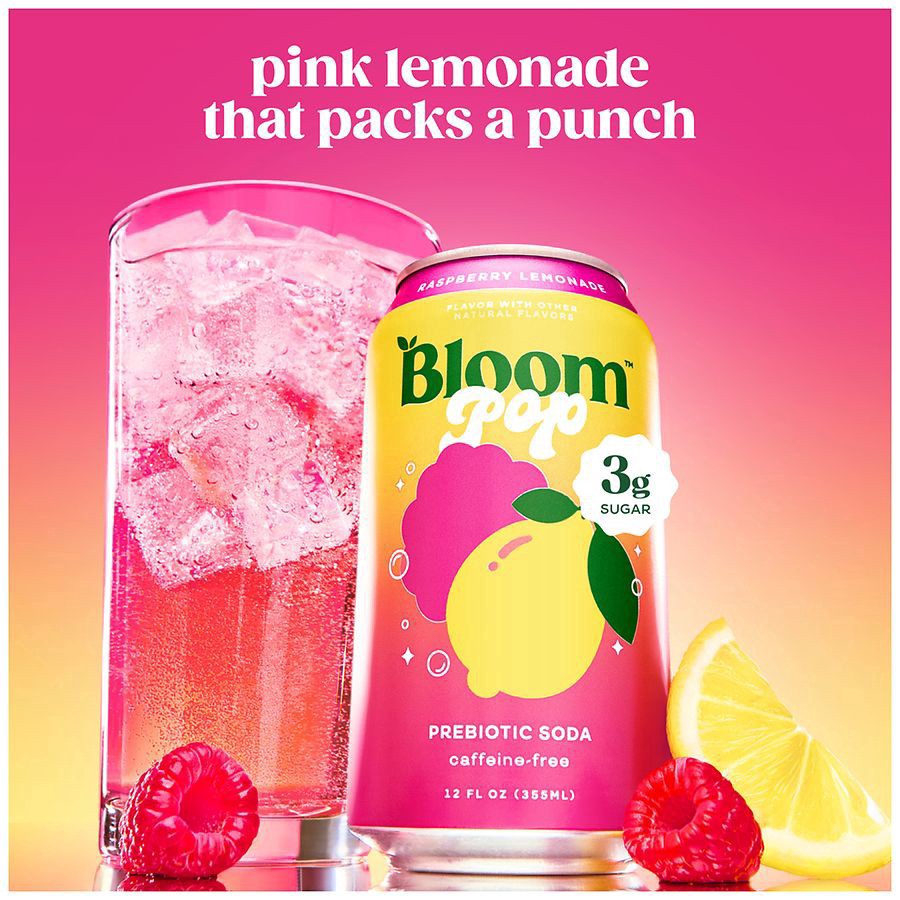 slide 5 of 5, Bloom Pop Raspberry Lemonade Prebiotic Soda, 4-pack Cans, 4 ct; 12 fl oz