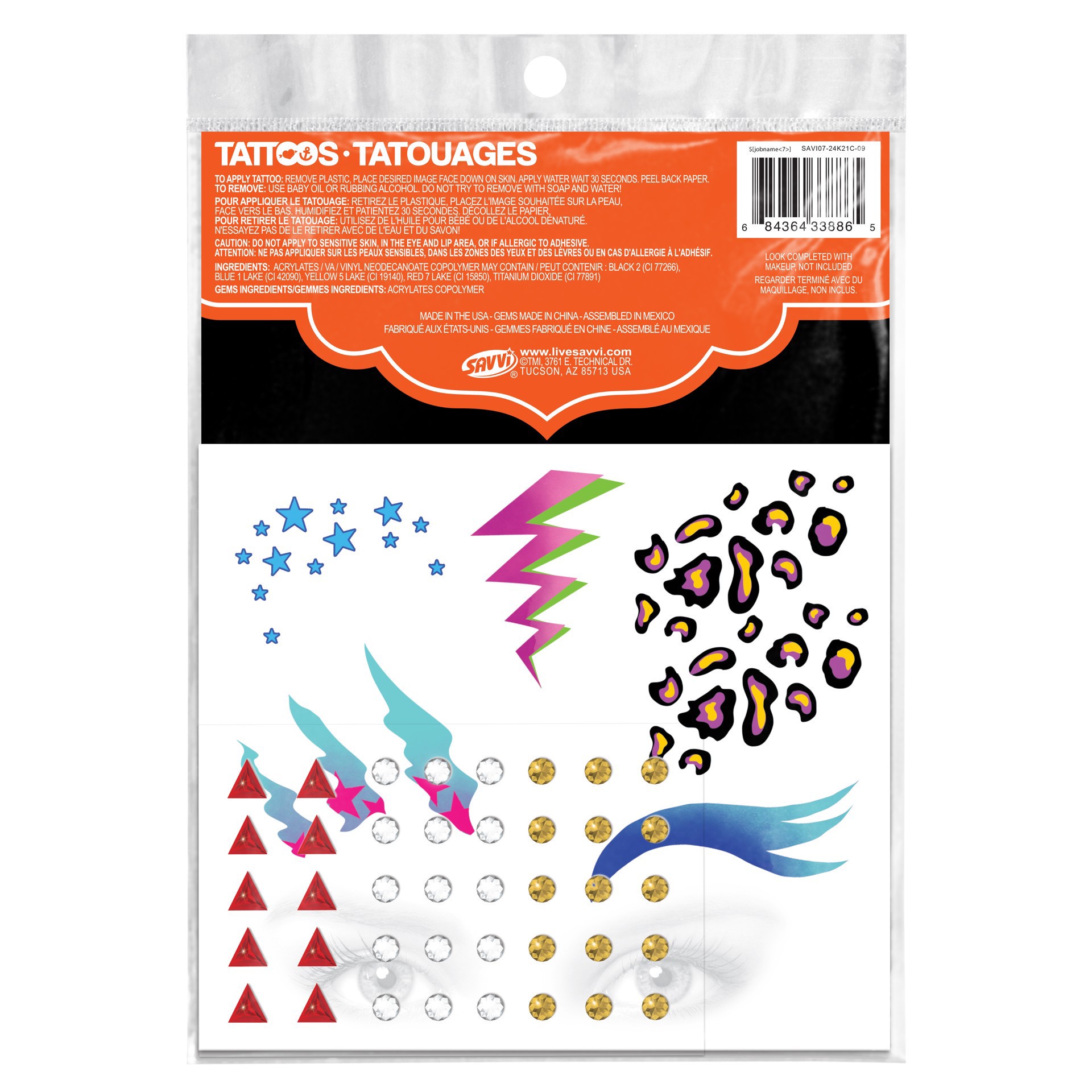 slide 3 of 4, Savvi 80s & 90s Rock Star Costume Tattoos With Gems, 54 temporary tattoos