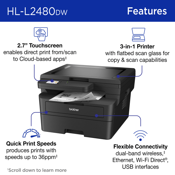 slide 2 of 8, Brother Hl-L2480Dw Compact Wireless Laser Monochrome Multi-Function Printer, 1 ct