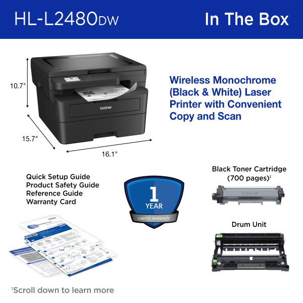 slide 8 of 8, Brother Hl-L2480Dw Compact Wireless Laser Monochrome Multi-Function Printer, 1 ct