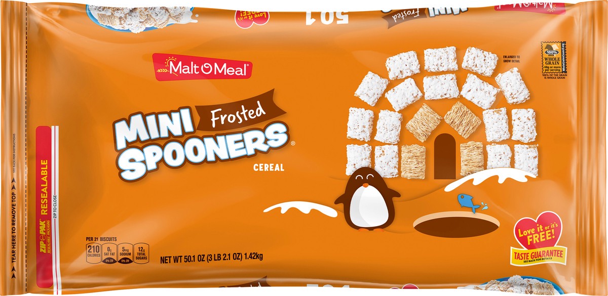 slide 9 of 10, Malt-O-Meal Frosted Mini Spooners Shredded Wheat Cereal, 50.1 OZ Bag, 50.10 oz