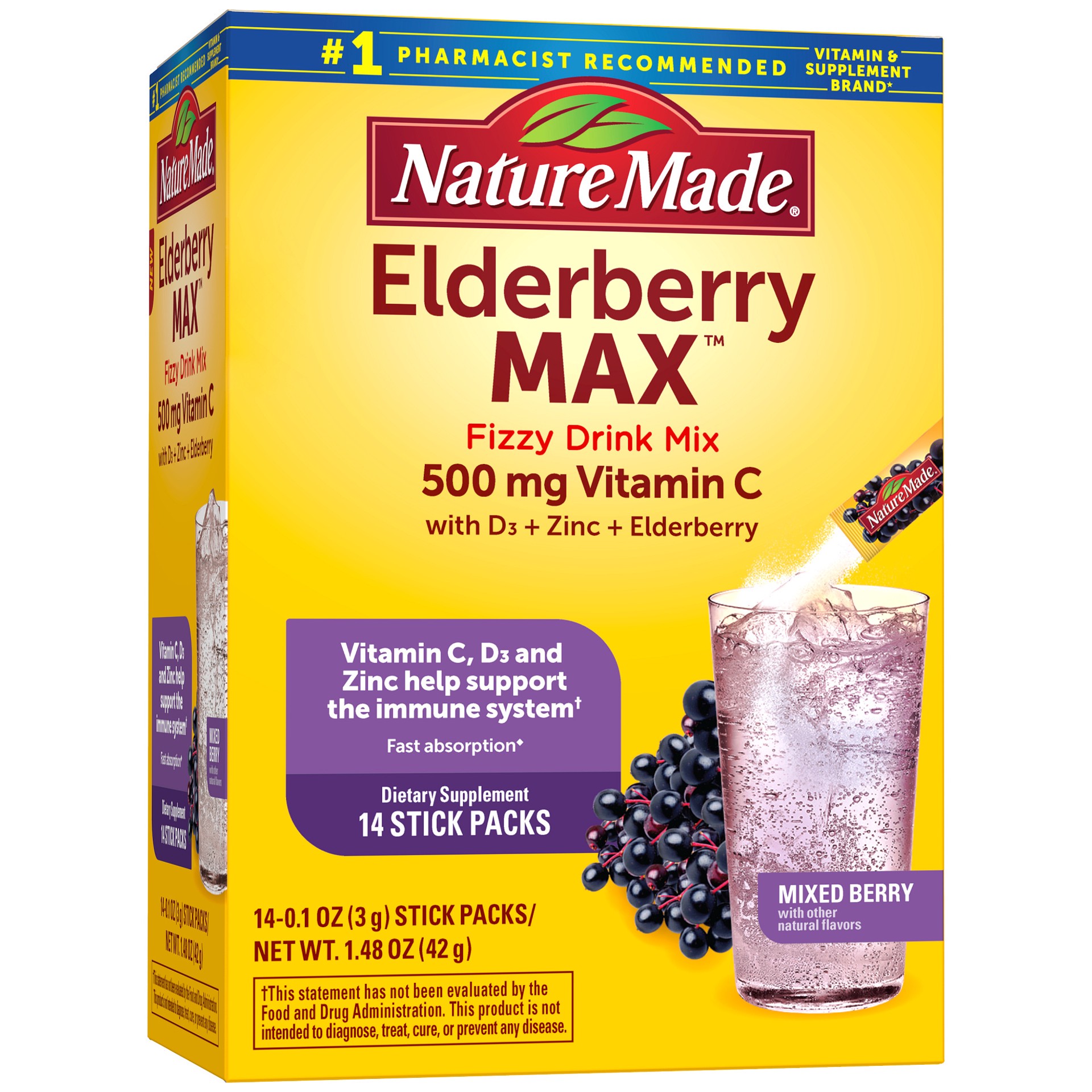 slide 1 of 1, Nature Made Elderberry MAX Fizzy Drink Mix, Vitamin C, Vitamin D3, and Zinc Supplement for Immune Support, Fast Absorption, 14 Stick Packs, 14 ct