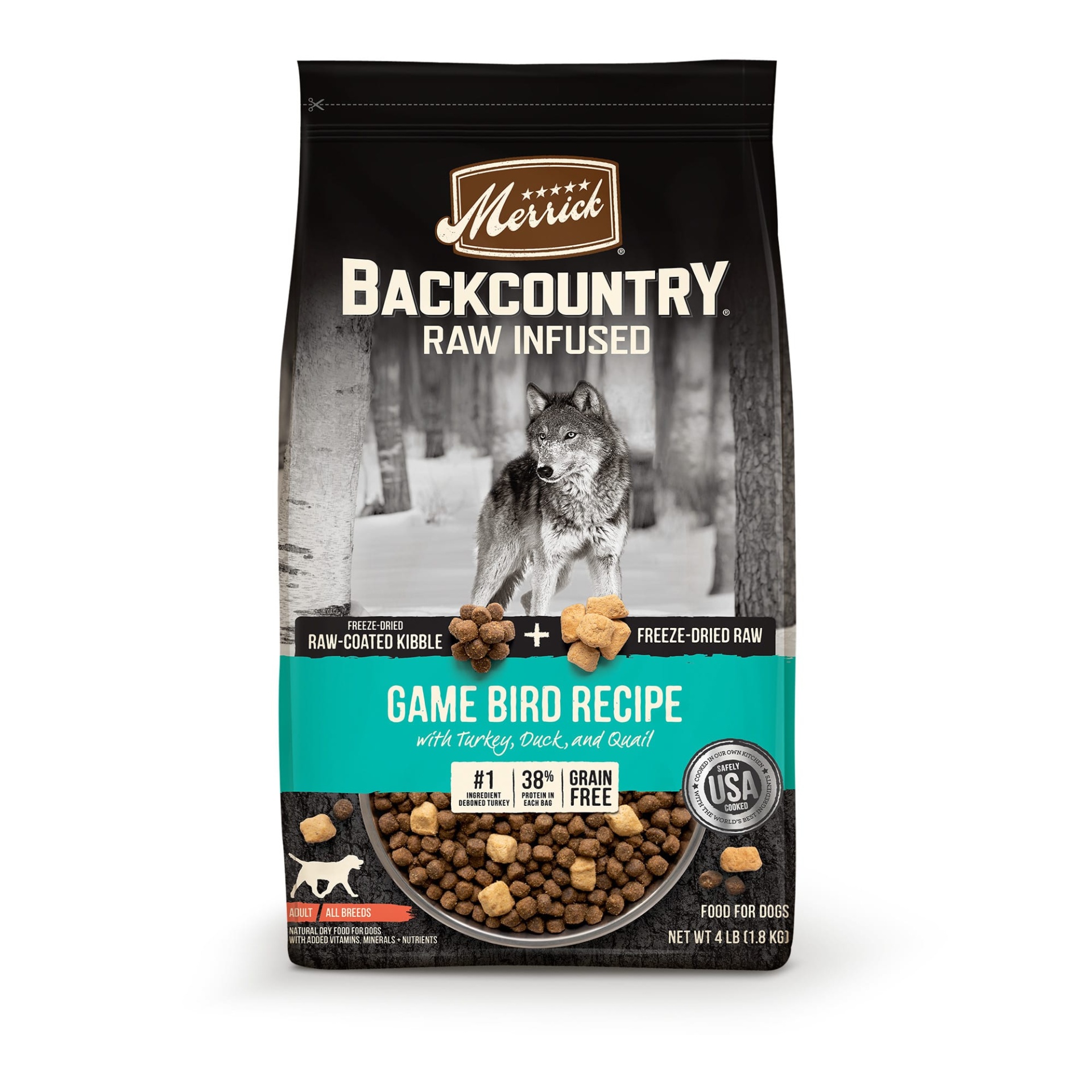 slide 1 of 1, Merrick Backcountry Grain Free Raw Infused Game Bird Dry Dog Food, 4 lb
