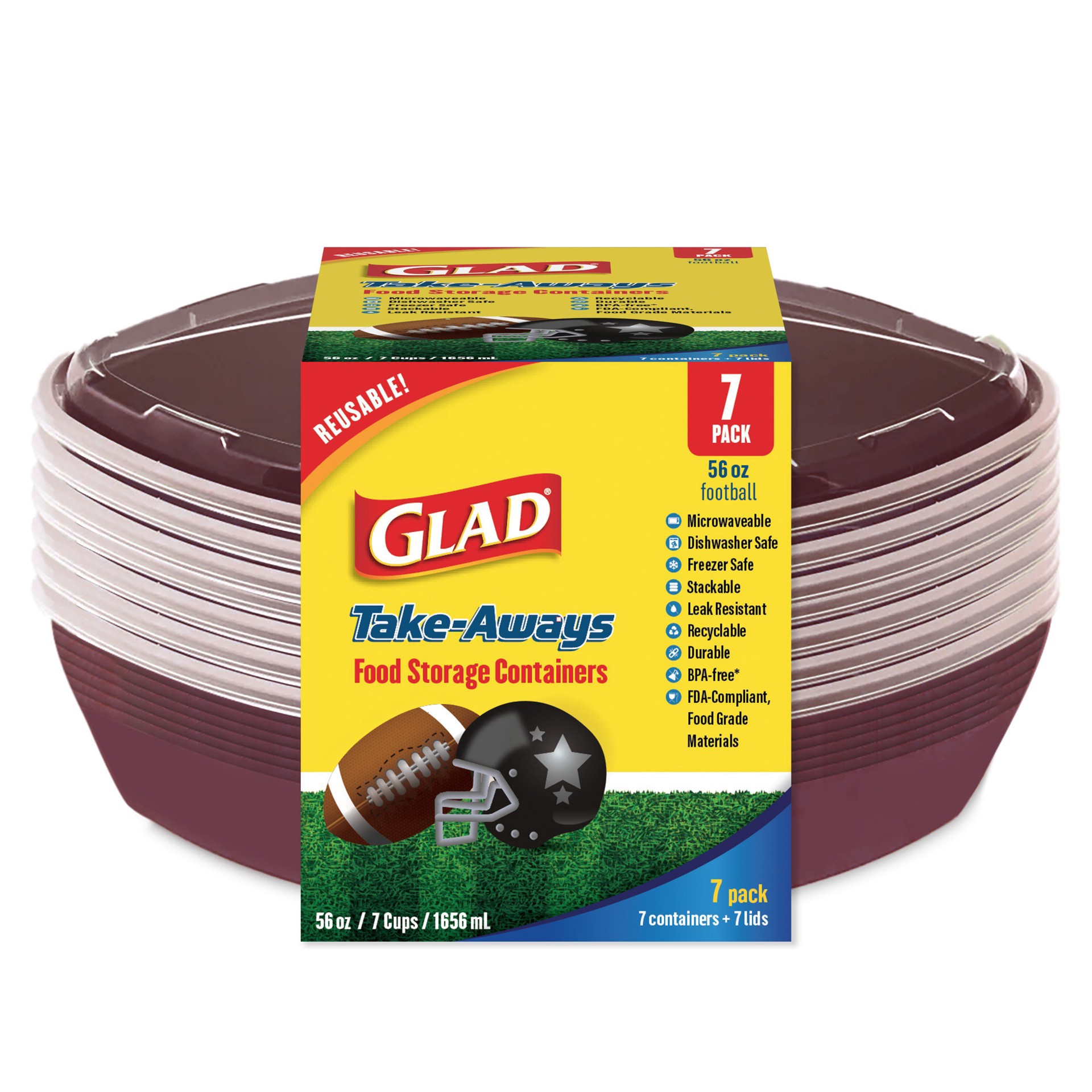 slide 1 of 1, Glad Take-Aways Football Food Storage Containers, 7 pk, 56 oz