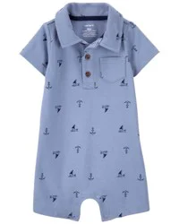 Carters Baby Sailboat Piqué Romper Chambray 3M