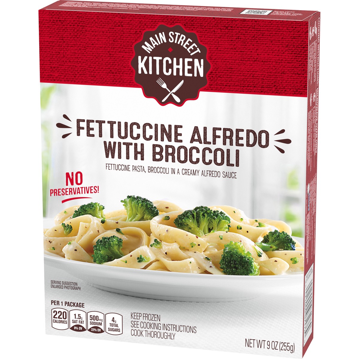 slide 2 of 14, Main Street Kitchen Fettuccini Alfredo Pasta with Broccoli Frozen Meal, 9 oz Box, 9 oz