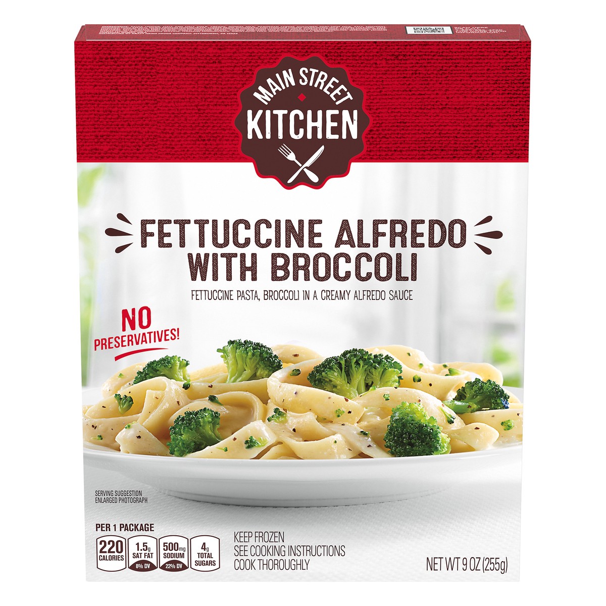 slide 14 of 14, Main Street Kitchen Fettuccini Alfredo Pasta with Broccoli Frozen Meal, 9 oz Box, 9 oz