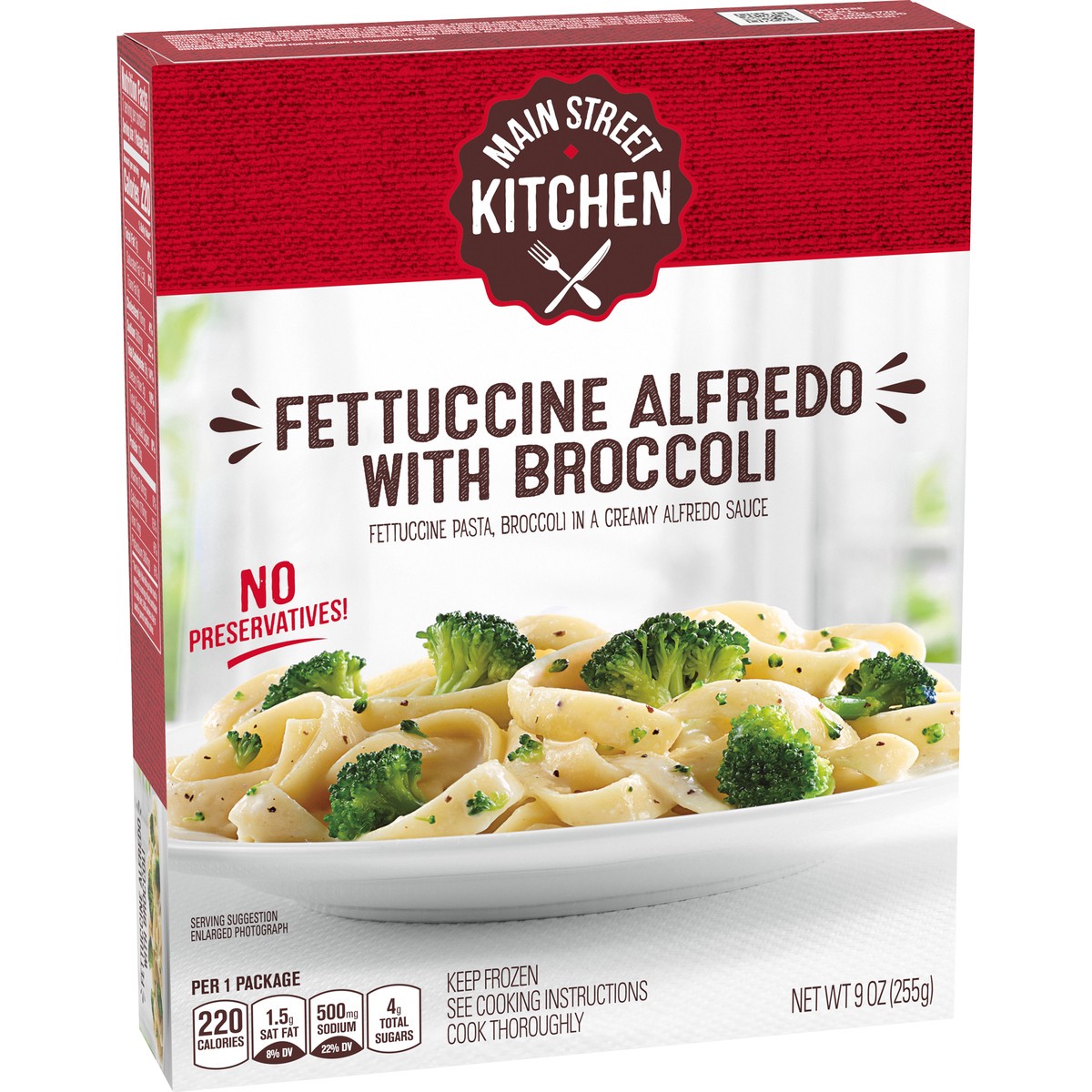 slide 4 of 14, Main Street Kitchen Fettuccini Alfredo Pasta with Broccoli Frozen Meal, 9 oz Box, 9 oz