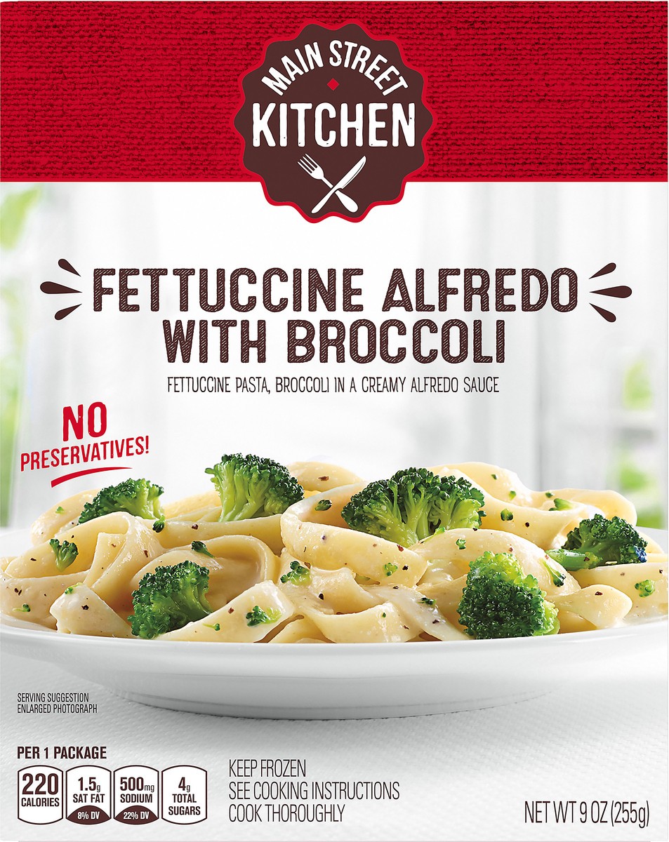 slide 7 of 14, Main Street Kitchen Fettuccini Alfredo Pasta with Broccoli Frozen Meal, 9 oz Box, 9 oz