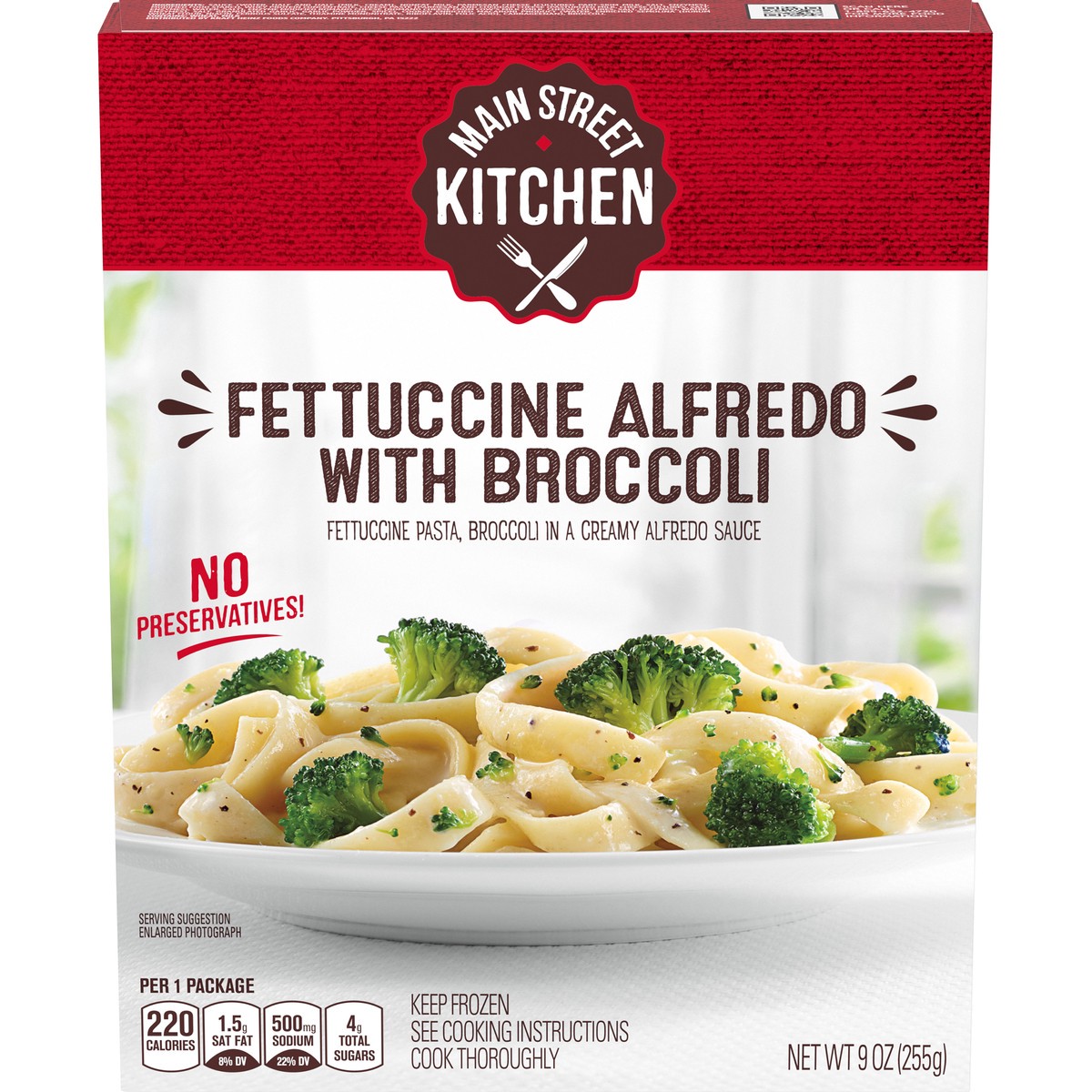 slide 1 of 14, Main Street Kitchen Fettuccini Alfredo Pasta with Broccoli Frozen Meal, 9 oz Box, 9 oz