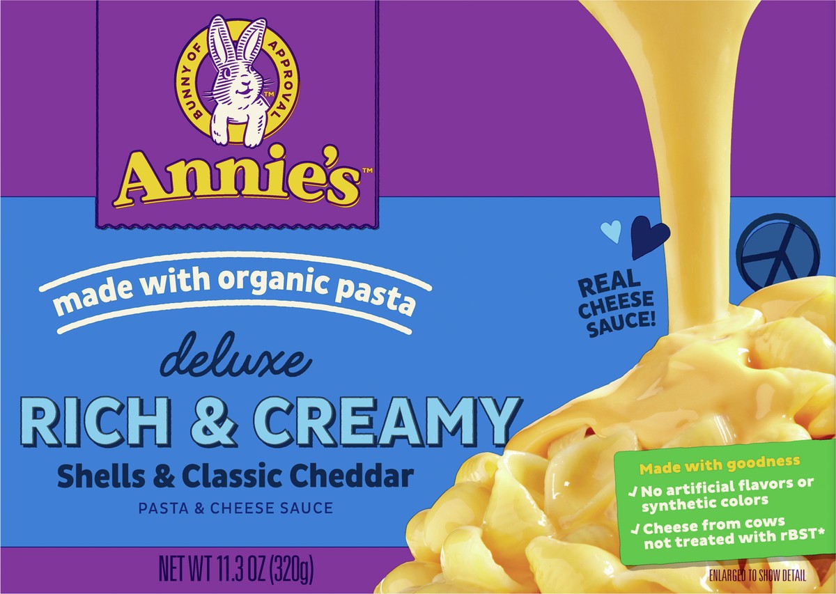 slide 5 of 9, Annie's Deluxe Macaroni & Cheese with Organic Pasta, Classic Real Cheddar Cheese & Shells, 11.3 oz, 11.3 oz