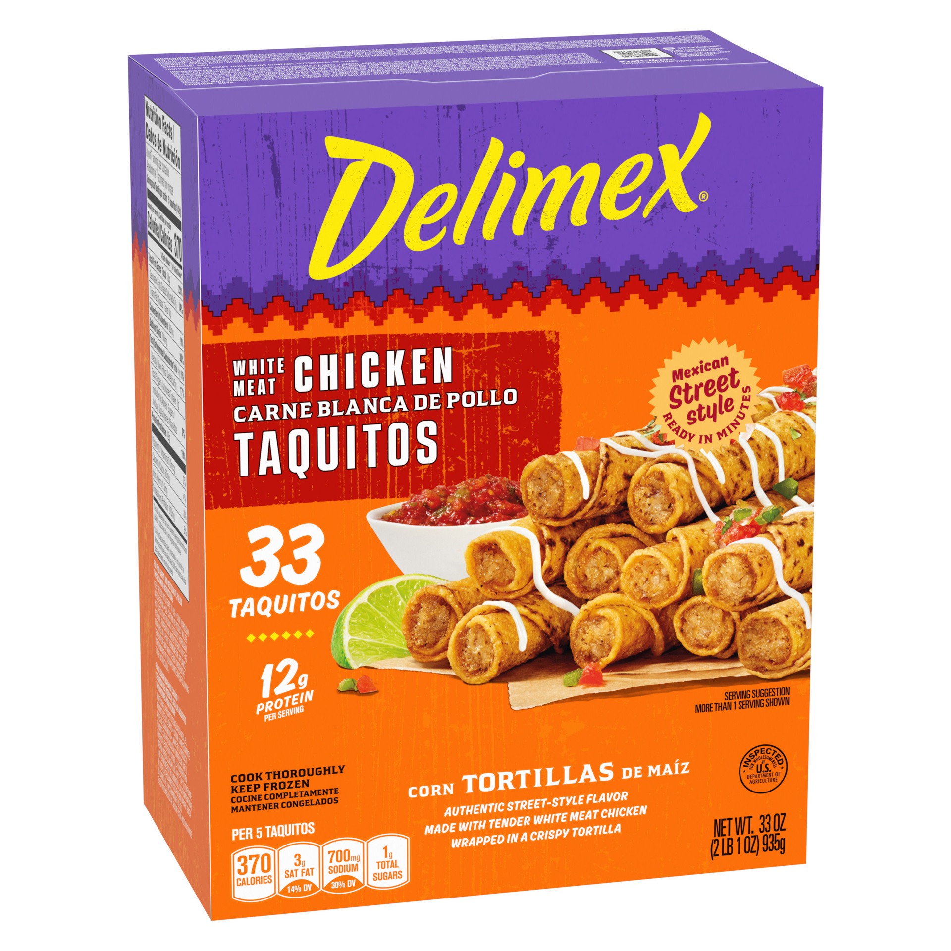 slide 4 of 5, Delimex White Meat Chicken Taquitos Frozen Snacks, 33 ct Box, 33 pk