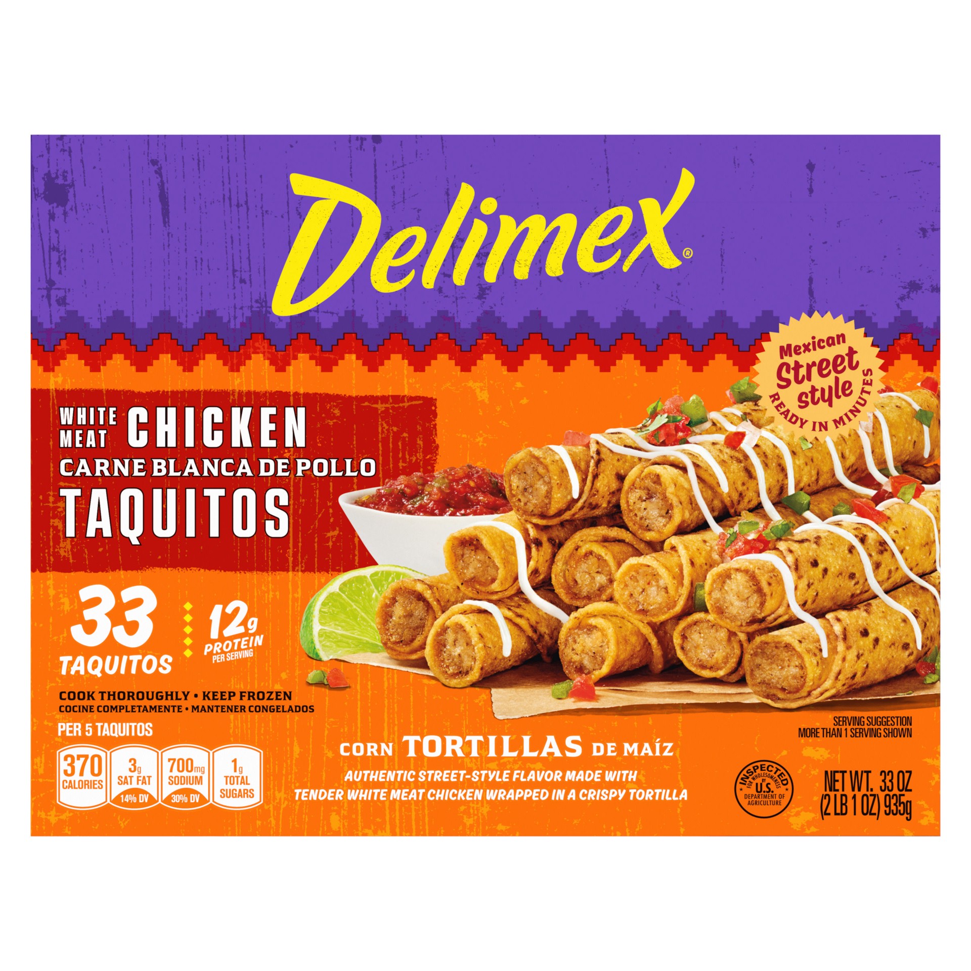 slide 3 of 5, Delimex White Meat Chicken Taquitos Frozen Snacks, 33 ct Box, 33 pk