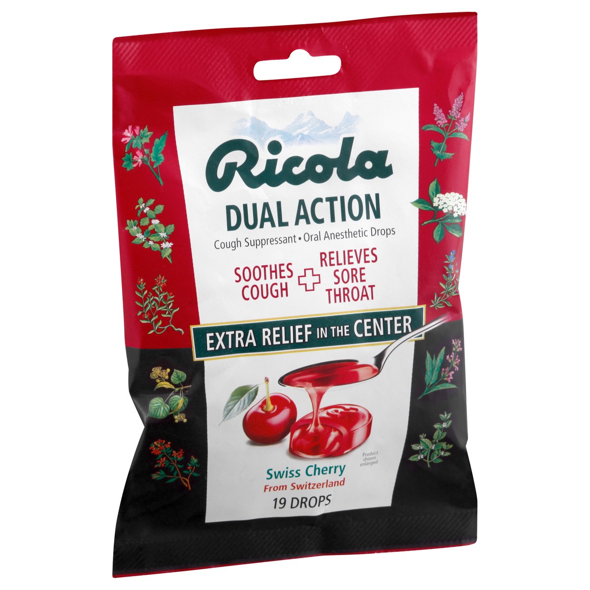 slide 12 of 12, Ricola Dual Action Drops Swiss Cherry Cough Suppressant Drops 19 ea, 19 ct