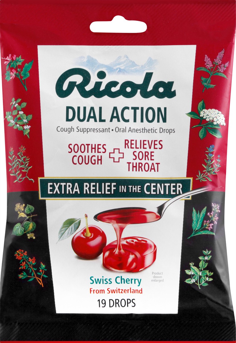 slide 1 of 12, Ricola Dual Action Drops Swiss Cherry Cough Suppressant Drops 19 ea, 19 ct