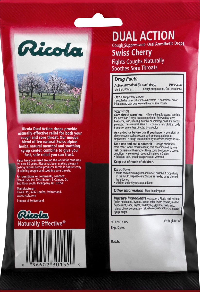 slide 7 of 12, Ricola Dual Action Drops Swiss Cherry Cough Suppressant Drops 19 ea, 19 ct