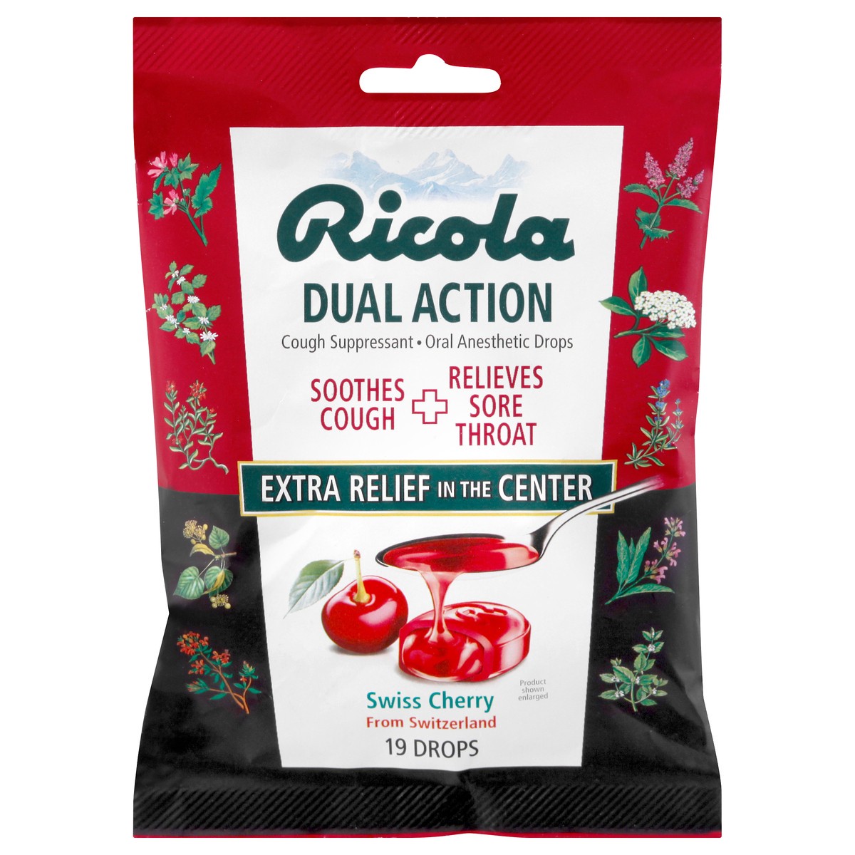 slide 8 of 12, Ricola Dual Action Drops Swiss Cherry Cough Suppressant Drops 19 ea, 19 ct