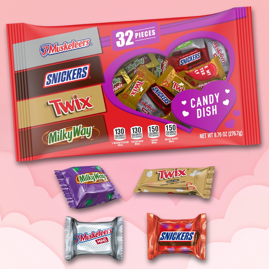 slide 2 of 5, Mixed SNICKERS, TWIX, MILKY WAY & 3 MUSKETEERS Assorted Minis Size Chocolate Valentine Candy, 9.7 oz Bag, 9.76 oz