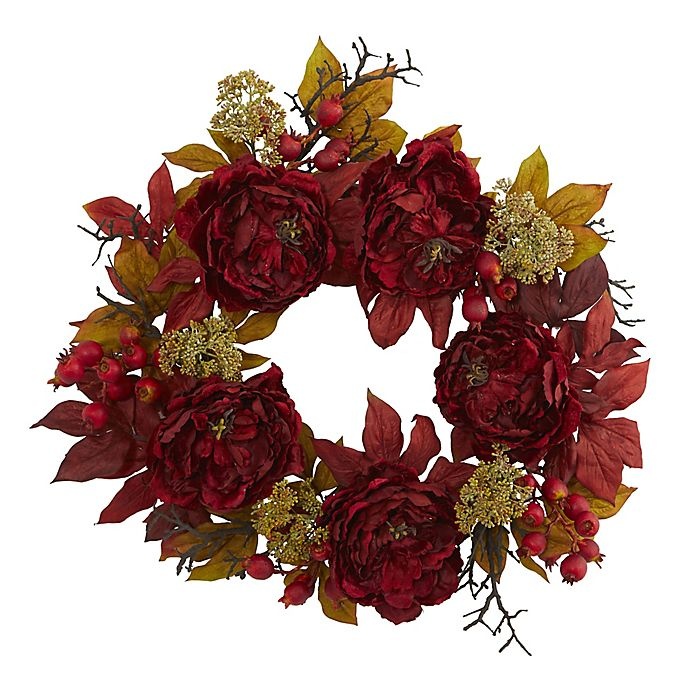 slide 1 of 1, Nearly Natural Peony Sedum Wreath, 24 in