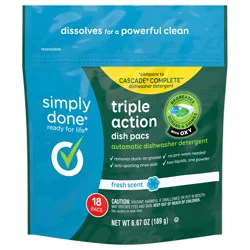 Simply Done Dish Pacs Triple Action Automatic Fresh Scent Dishwasher Detergent, 18 ea