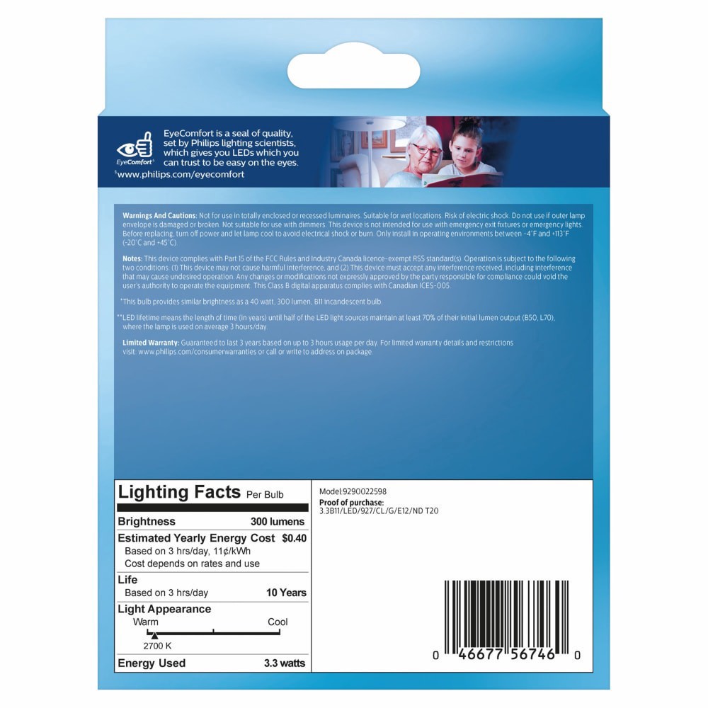 slide 2 of 2, Philips 3.3-Watt (40-Watt) Ba11 Candelabra Base Led Light Bulbs, 3 ct