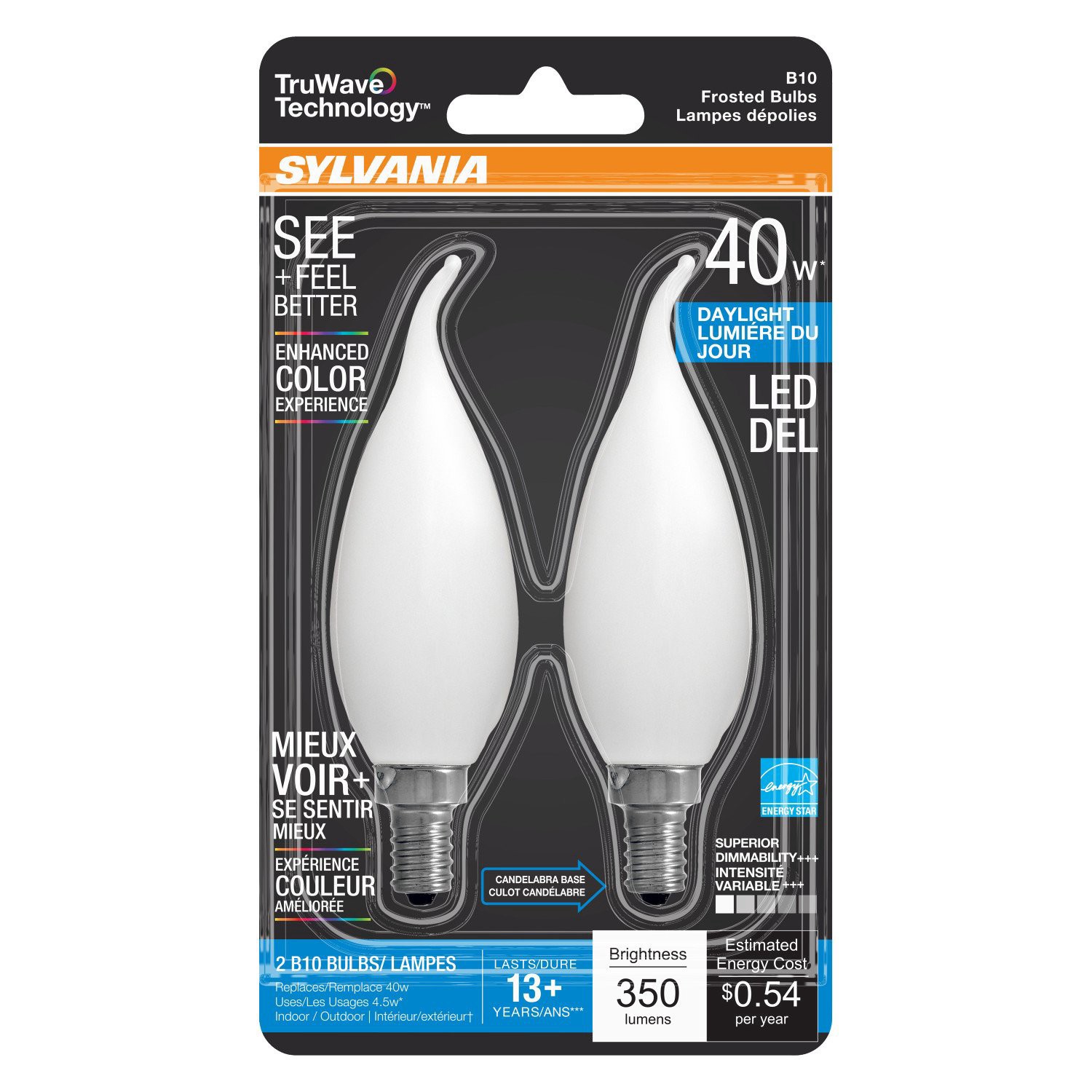 slide 1 of 1, Sylvania TruWave B10 40-Watt Frosted LED Light Bulbs - Daylight, 2 ct
