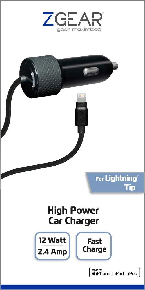 slide 2 of 2, Zgear High Power Lightning Cable Car Charger - Black, 5 ft
