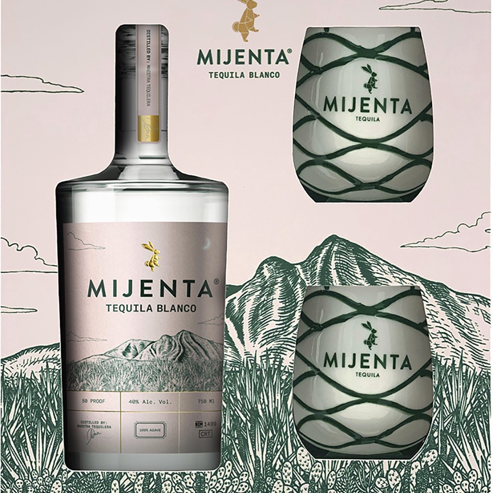slide 1 of 1, Mijenta Tequila - Blanco W/Glasses, 750 ml