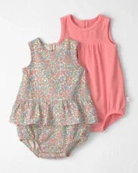 Littleplanet Baby Girl 2-Pack Organic Cotton Bubble in Meadow Mix Print, Meadow Mix, Just Pink, 12M