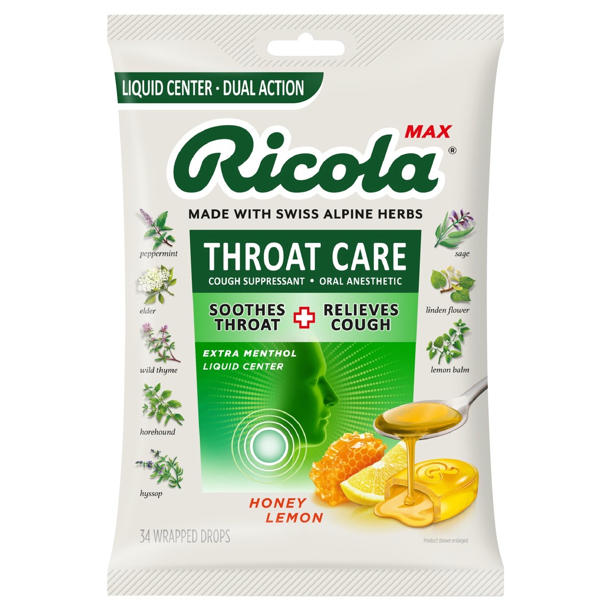 slide 1 of 25, Ricola Max Throat Care Honey Lemon Cough Drops, 34 Count, 34 ct