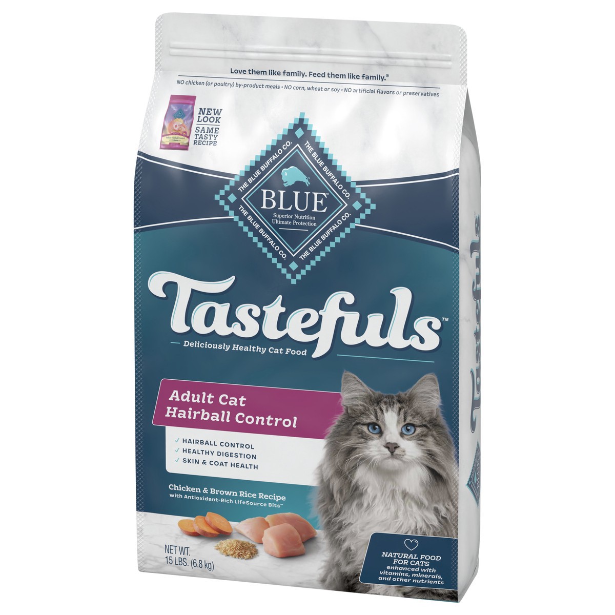 slide 7 of 8, Blue Buffalo Tastefuls Hairball Control Natural Adult Dry Cat Food, Chicken, 15lb bag, 15 lb