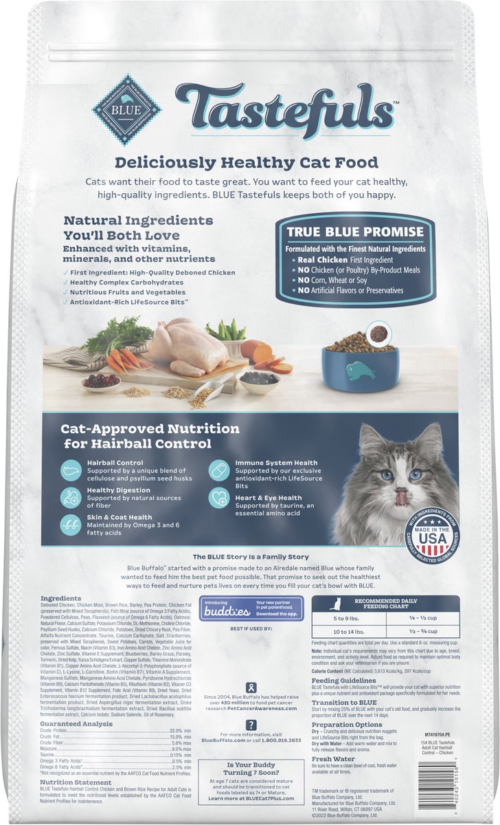 slide 5 of 8, Blue Buffalo Tastefuls Hairball Control Natural Adult Dry Cat Food, Chicken, 15lb bag, 15 lb