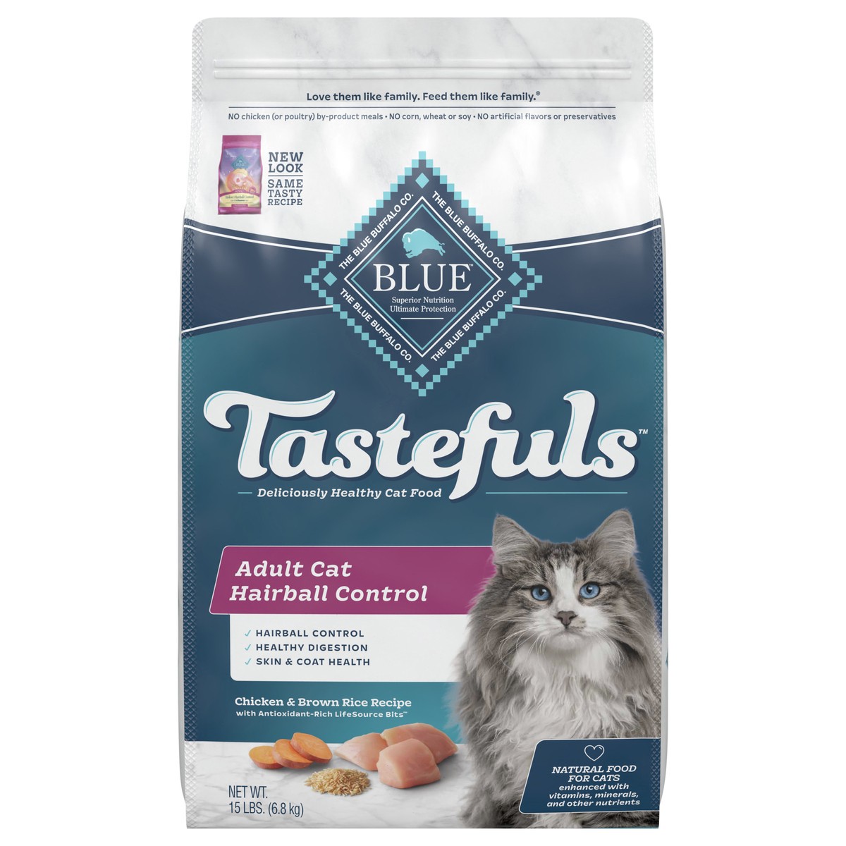 slide 4 of 8, Blue Buffalo Tastefuls Hairball Control Natural Adult Dry Cat Food, Chicken, 15lb bag, 15 lb