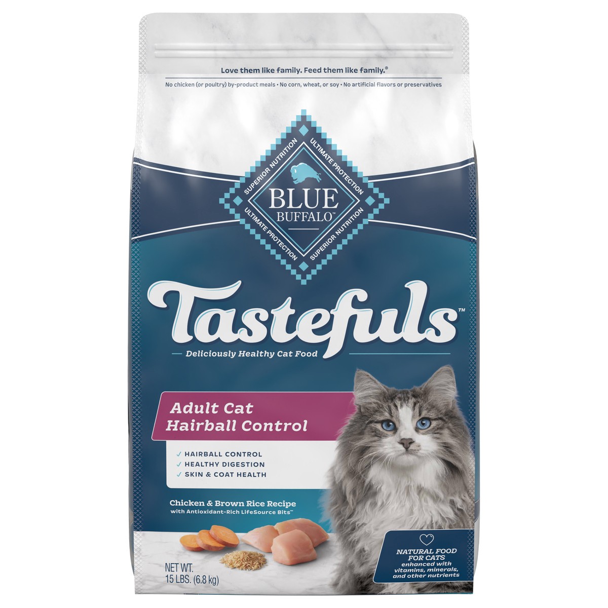 slide 1 of 8, Blue Buffalo Tastefuls Hairball Control Natural Adult Dry Cat Food, Chicken, 15lb bag, 15 lb