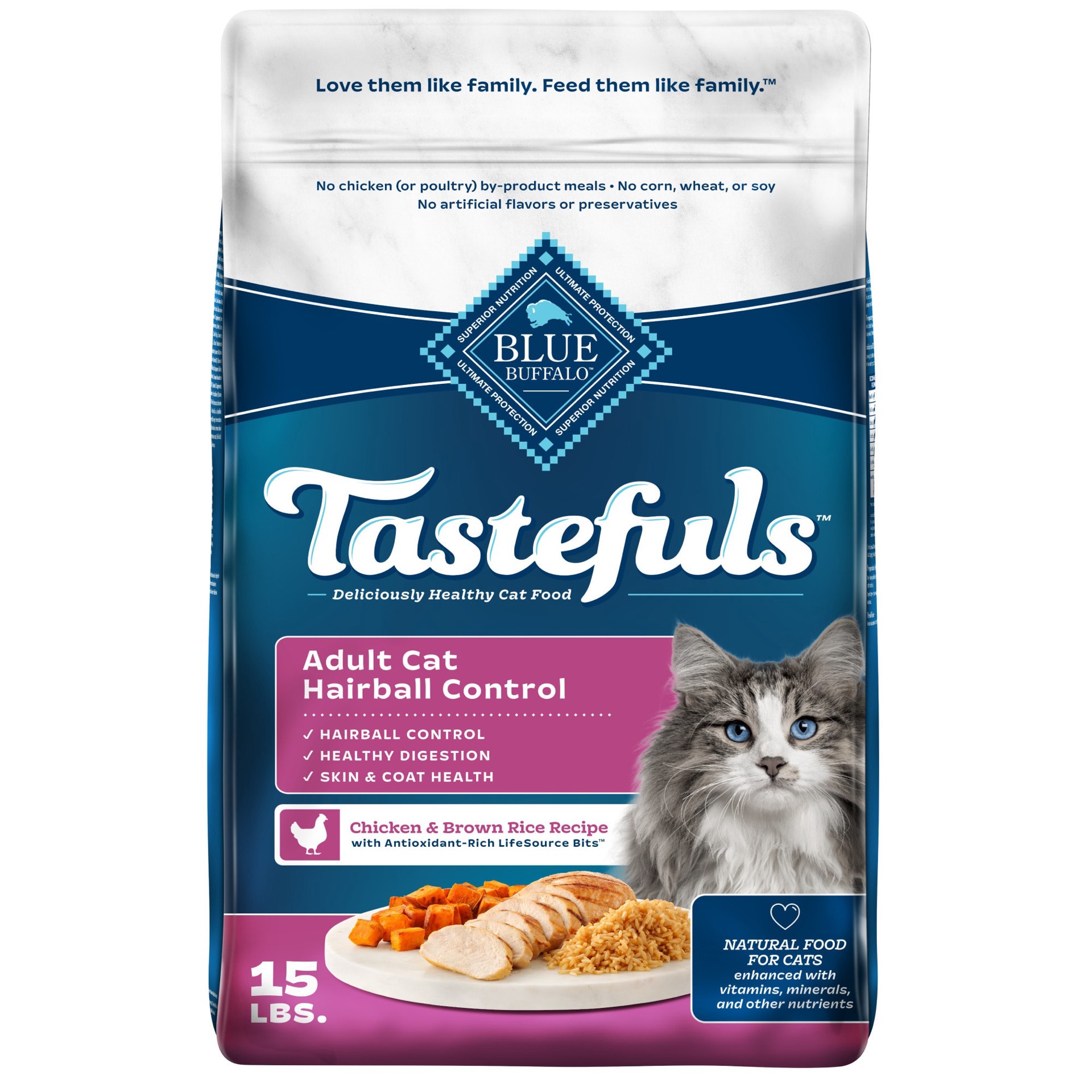 slide 1 of 8, Blue Buffalo Tastefuls Hairball Control Natural Adult Dry Cat Food, Chicken, 15lb bag, 15 lb