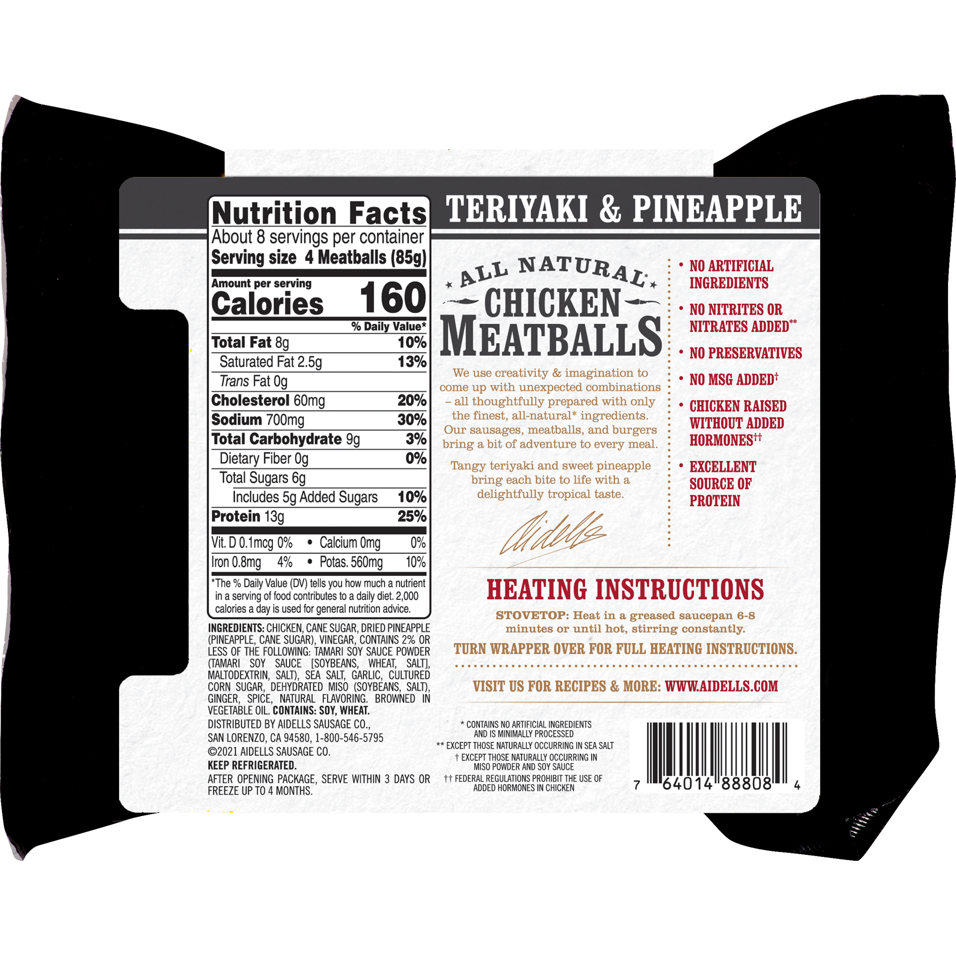 slide 3 of 3, Aidells Teriyaki & Pineapple Chicken Meatballs Twin Pack, 680.39 g