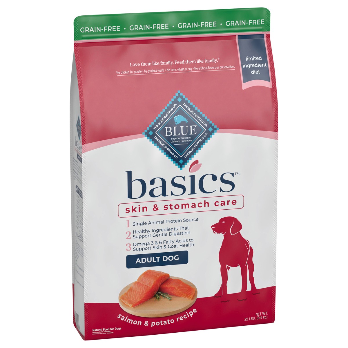 slide 8 of 9, Blue Buffalo Blue Basics Limited Ingredient Grain Free Salmon & Potato Adult Dog Food, 22 lb